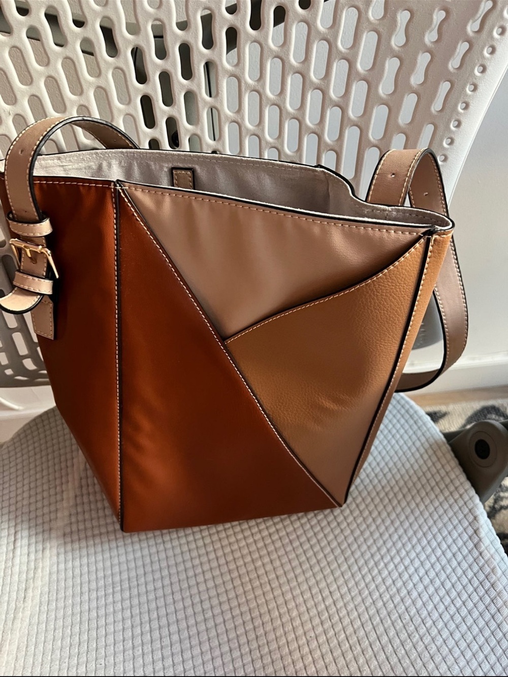 Two-Tone Brown Patchwork Leather Shoulder Bag